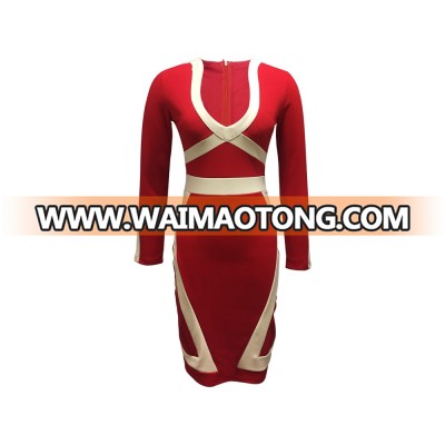 Fashion Collection Women Smart Casual Polyester Spandex Red Color Dress Cut and Sew Effect