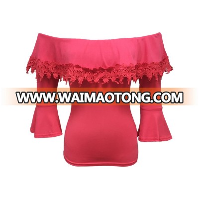 New Fashion Polyester Spandex Women Stylish Off Shoulder Long Flounced Sleeve Salmon Pink Color Top Blouse with Lace