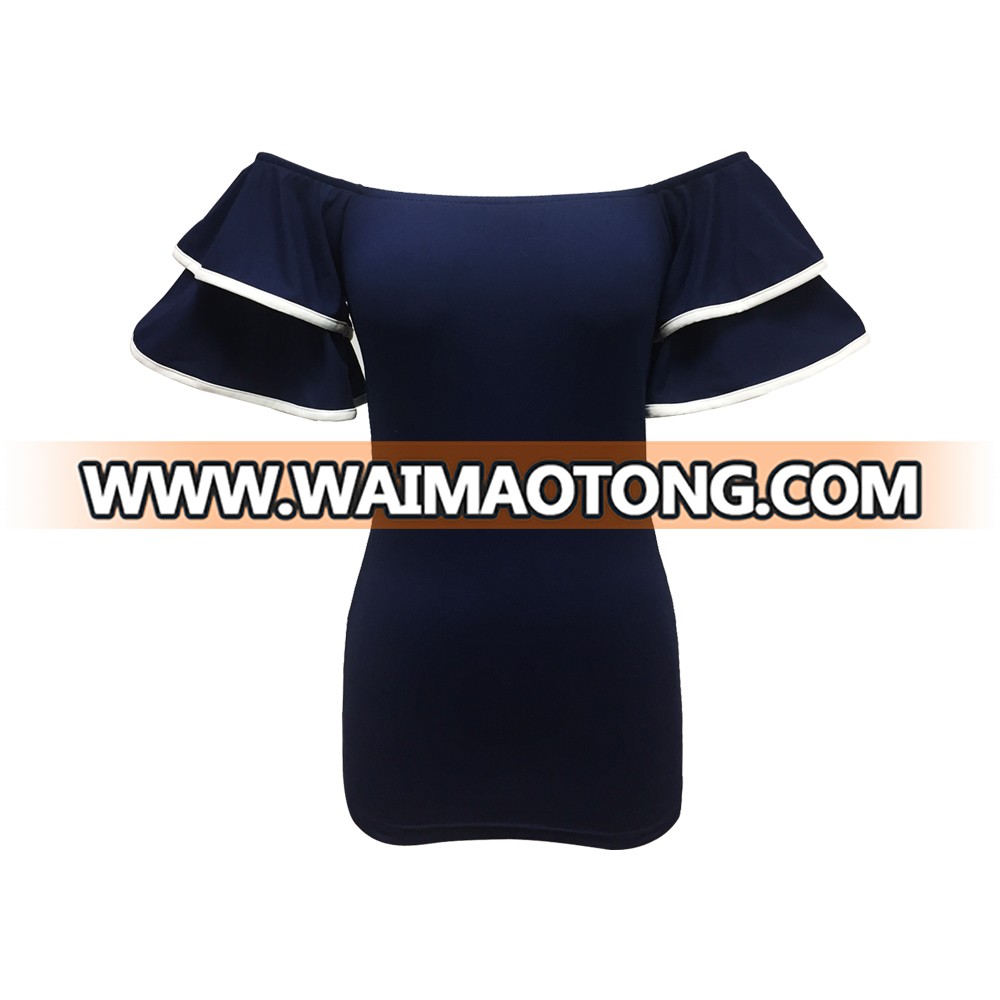 New Fashion Polyester Spandex Women Stylish Off Shoulder Two Layer Ruffles Short Bell Sleeve Navy Blue Color Top