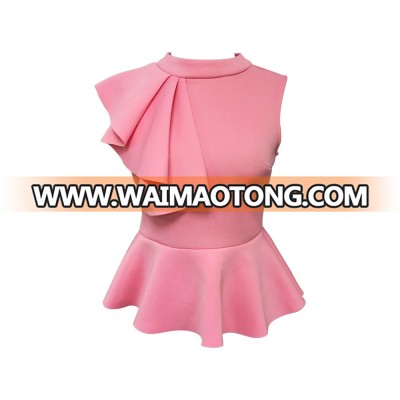 New Collection Polyester Spandex Women Kid Girls Fancy Party Wear High Neck Design Sleeveless Baby Pink Color Flounced Blouse