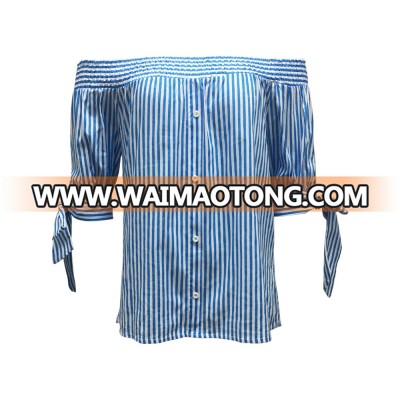 New Collection 100% Cotton Fat Ladies Girl Kids Simple Off Shoulder 3/4 Bow Sleeve Fake Buttons Design Blue Striped Shirt Blouse