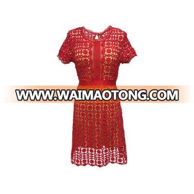 Fashion Collection 100% Cotton Lace Women Smart Casual Elegant Party Wear Short Sleeve Red Color Dress