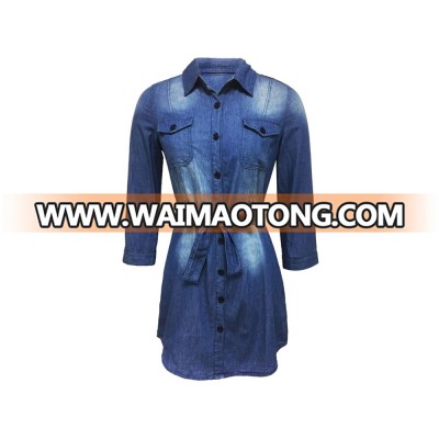 Fashion Collection 100% Cotton Ladies Women Casual Denim Jeans Dress with Collar, Chest Pockets and Belt