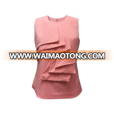 New Collection 100%Polyester Ladies Plus Size Western Fancy Elegant Sleeveless Round Neck Back Zipper Frilled Pink Color Blouse