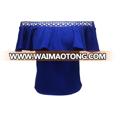 New Fashion Women 100% Polyester Elegant Off Shoulder Sleeveless Side Zipper Front Lace Royal Blue Color Top Blouse