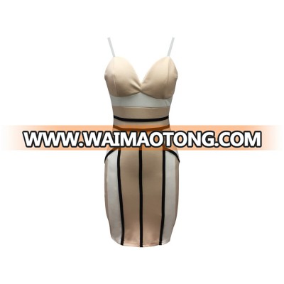 Fashion Collection Women Polyester Spandex Smart Casual Sleeveless Beige Color Bandage Dress Cut & Sew Effect