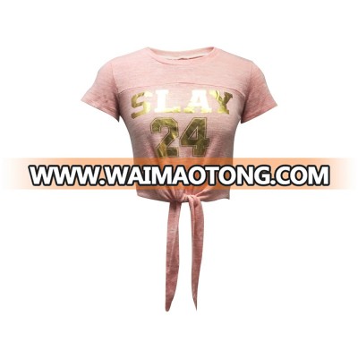 New Fashion Polyester Spandex Women Ladies Casual Round Neck Short Sleeve Front Gold Print Pink Color Custom Short Crop Top