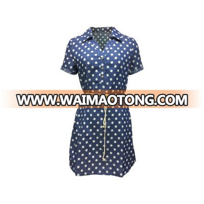 Fashion Collection 100% Cotton Women Ladies Girls Casual Short Sleeve Polka Dot Blue Denim Jeans Dress with Cotton Rope Belt