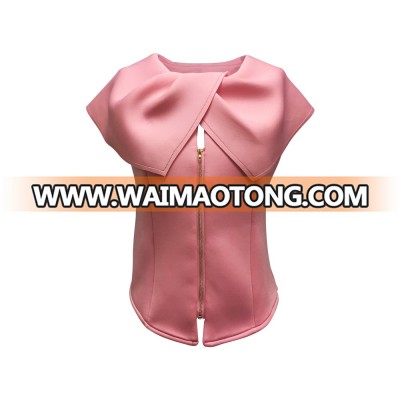 New Collection Polyester Spandex Women Girls Kids Elegant Office Wear Sleeveless Fancy Turn-Down Collar Zip Front Pink Blouse