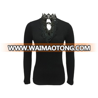 New Fashion Viscose Spandex Women Latest Graceful High Neck Long Sleeve Black Color Top with Crochet Lace