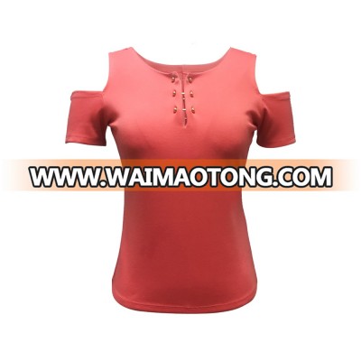 New Fashion Women Polyester Spandex Casual Round Neck Cold Shoulder Short Sleeve Salmon Color Top with Gold Breastpins