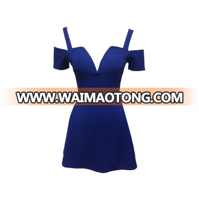 New Collection Polyester Spandex Women Sexy Cocktail Party Cold Shoulder Short Sleeve Low Cut Front Open Back Royal Blue Dress