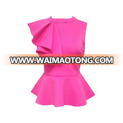 New Collection Polyester Spandex Ladies Kids Latest Fancy Modern Vintage Pattern Sleeveless Neon Fuschia Color Flounced Blouse