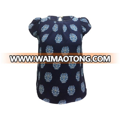 New Collection 100% Polyester Girl Kids Women Plus Size Casual Balloon Cap Sleeve Navy Blue Pleated Neck Printed Pattern Blouse